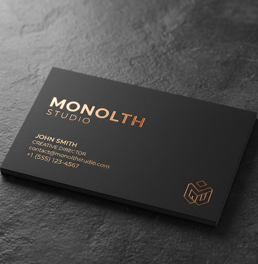 Minimal black business cards with copper foil